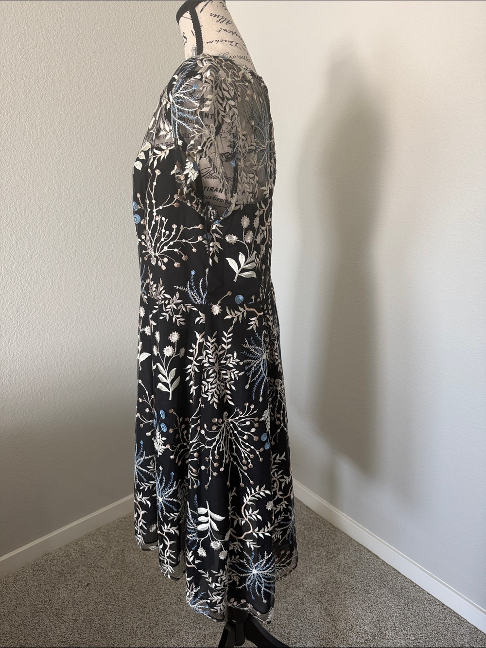 Adrianna Papell Black Sheer Yoke Floral Embroidered Fit & Flare Dress - Picture 3 of 5